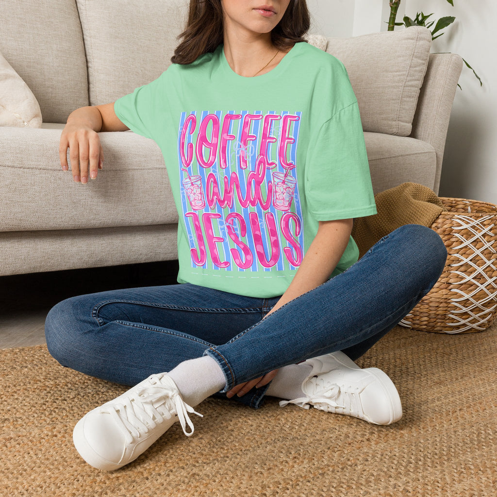 Coffee and Jesus T‑Shirt — Retro Pink & Blue Faith Graphic Tee