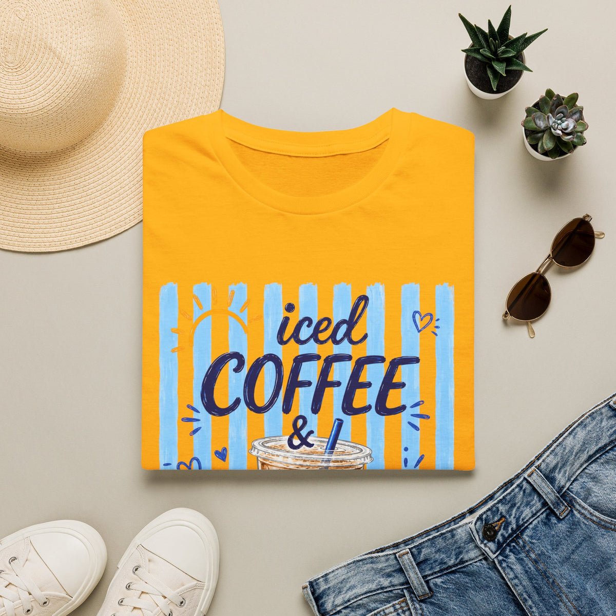 Iced Coffee & Sunshine T-Shirt — Cute Blue Striped Summer Tee