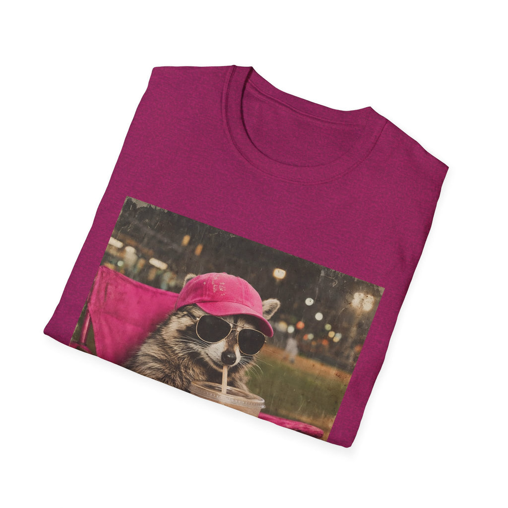 Raccoon Baseball/Softball Relaxing T-Shirt — 'Live Here Now' Retro Vacation Graphic Tee