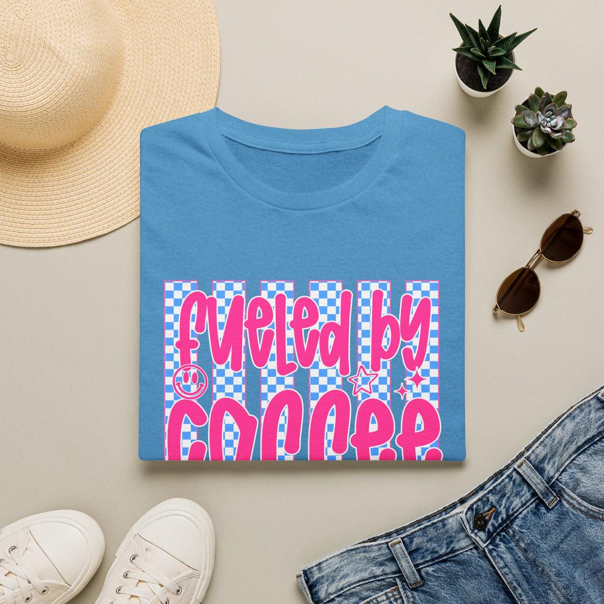 Fueled By Coffee And Anxiety T-Shirt — Retro Pink & Blue Checker Graphic