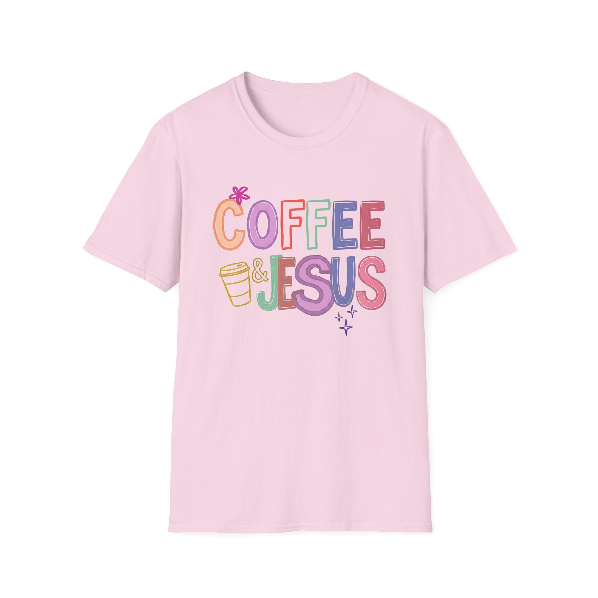 Coffee & Jesus T‑Shirt — Colorful Faith Graphic Tee for Women