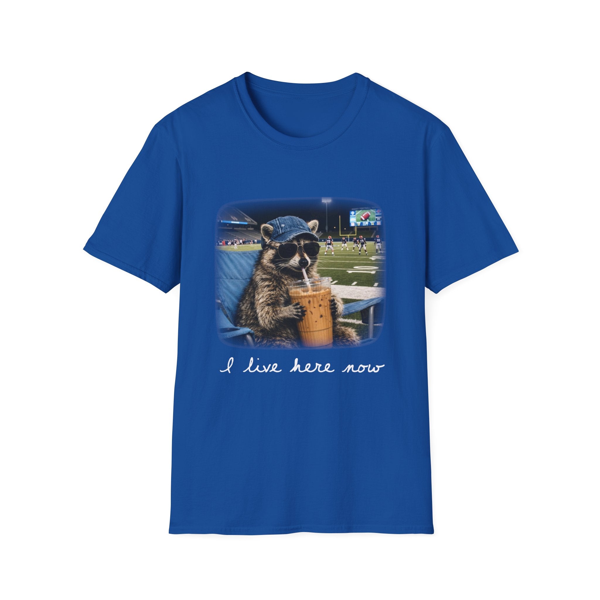 Raccoon Football Stadium Tee – "I Live Here Now" Graphic T-Shirt