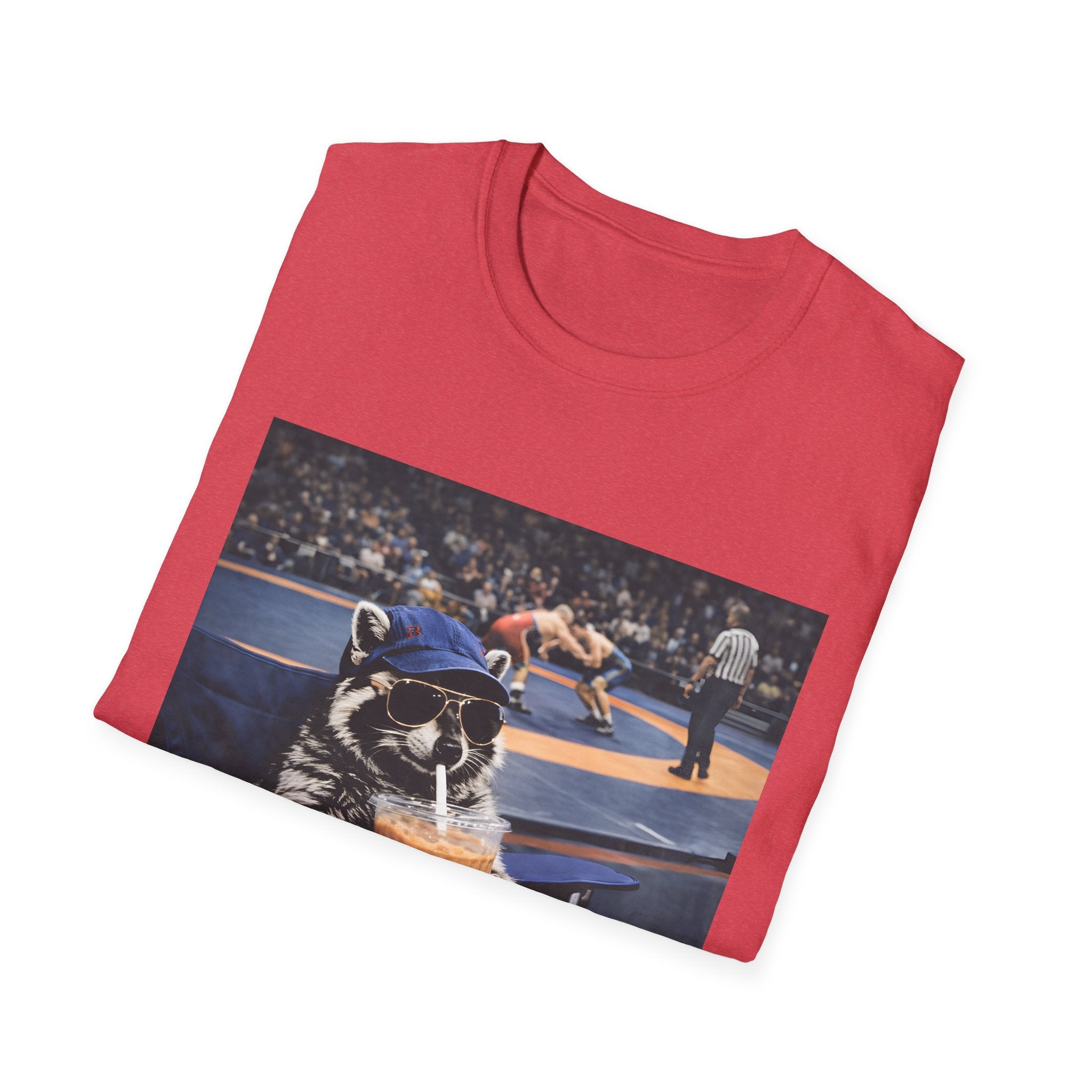 Wrestling Raccoon T‑Shirt — 'I Live Here Now' Funny Sports Tee