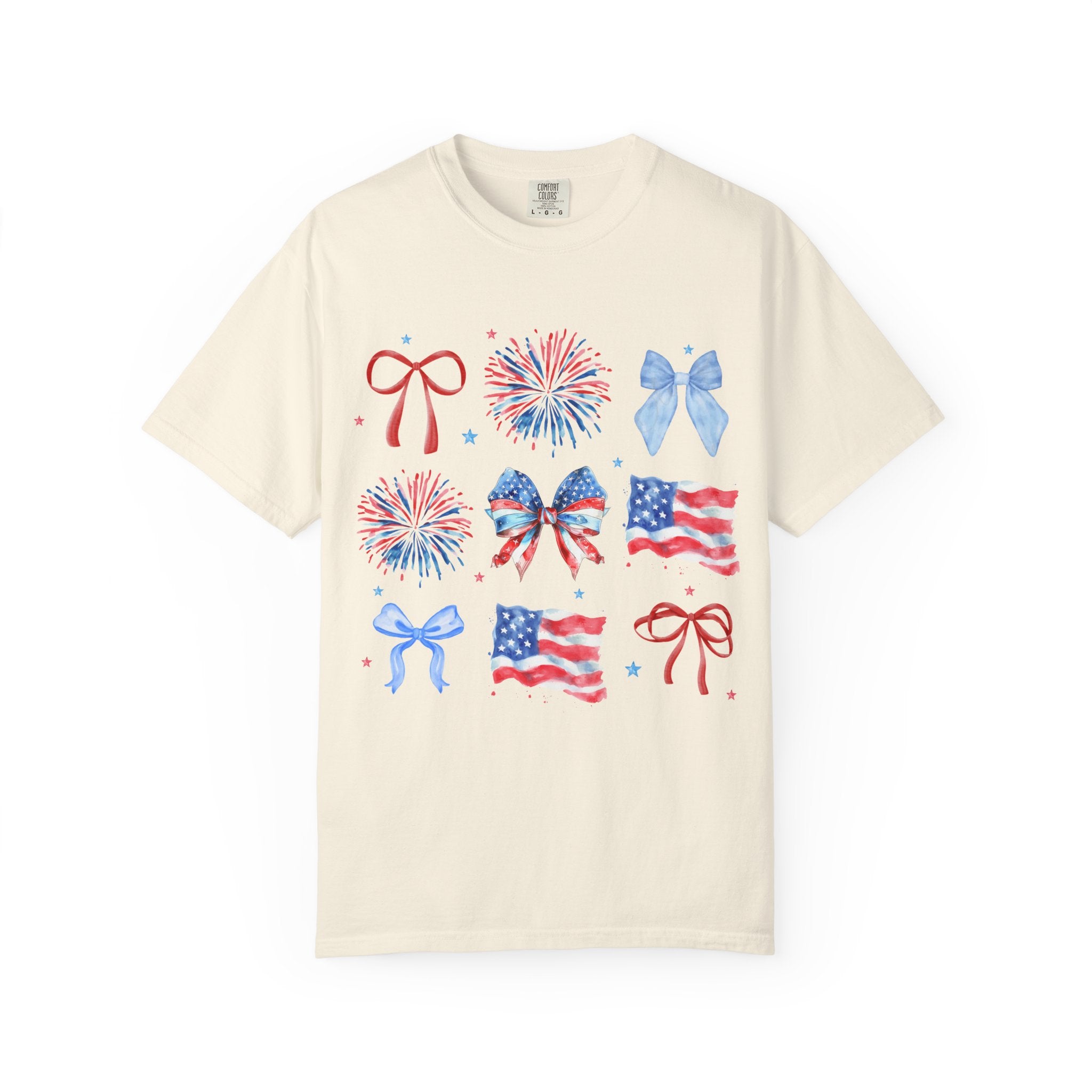 Patriotic Bows & Fireworks T-Shirt — American Flag Fourth of July Tee