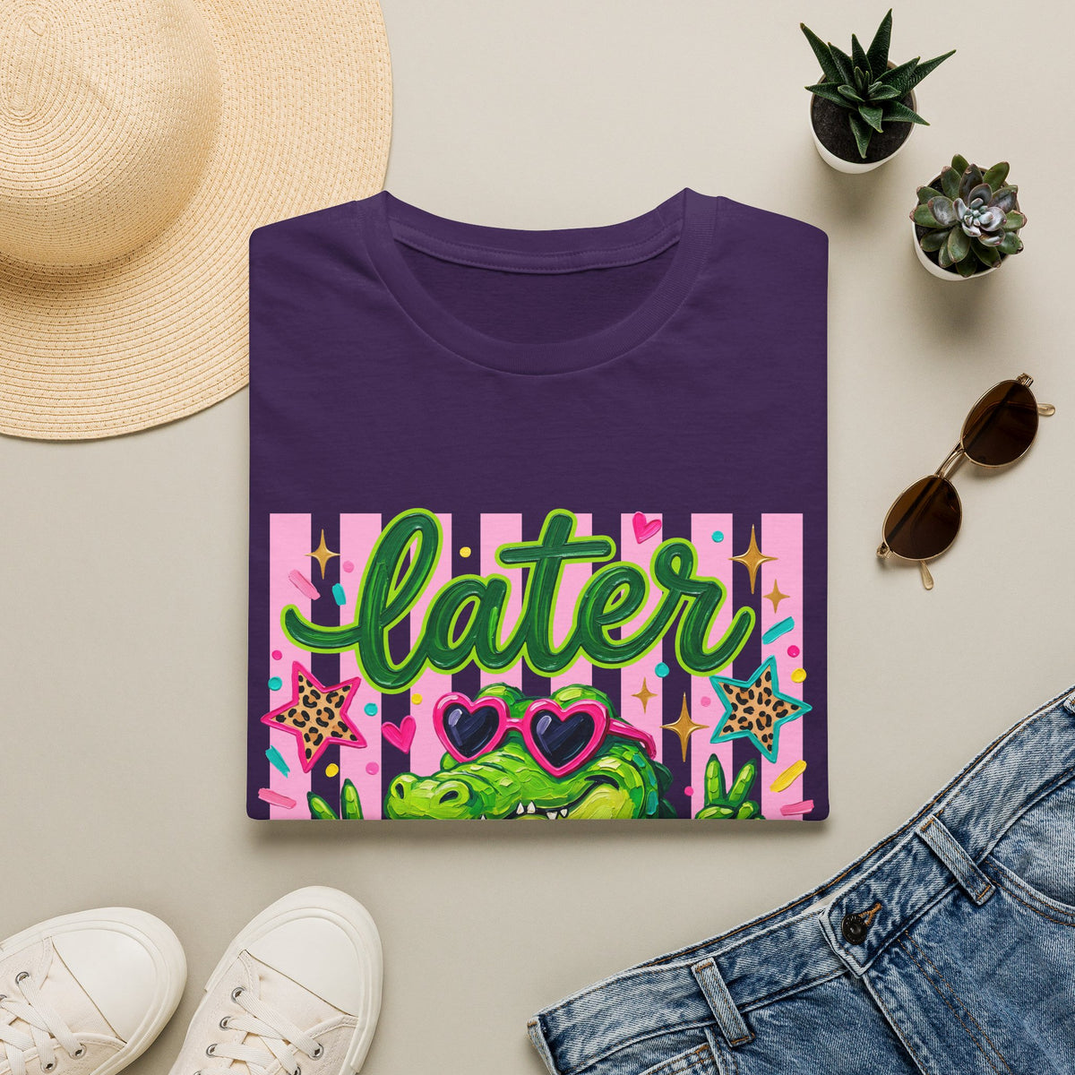 Later Alligator T-Shirt — Cute Retro Croc Graphic Tee with Heart Sunglasses