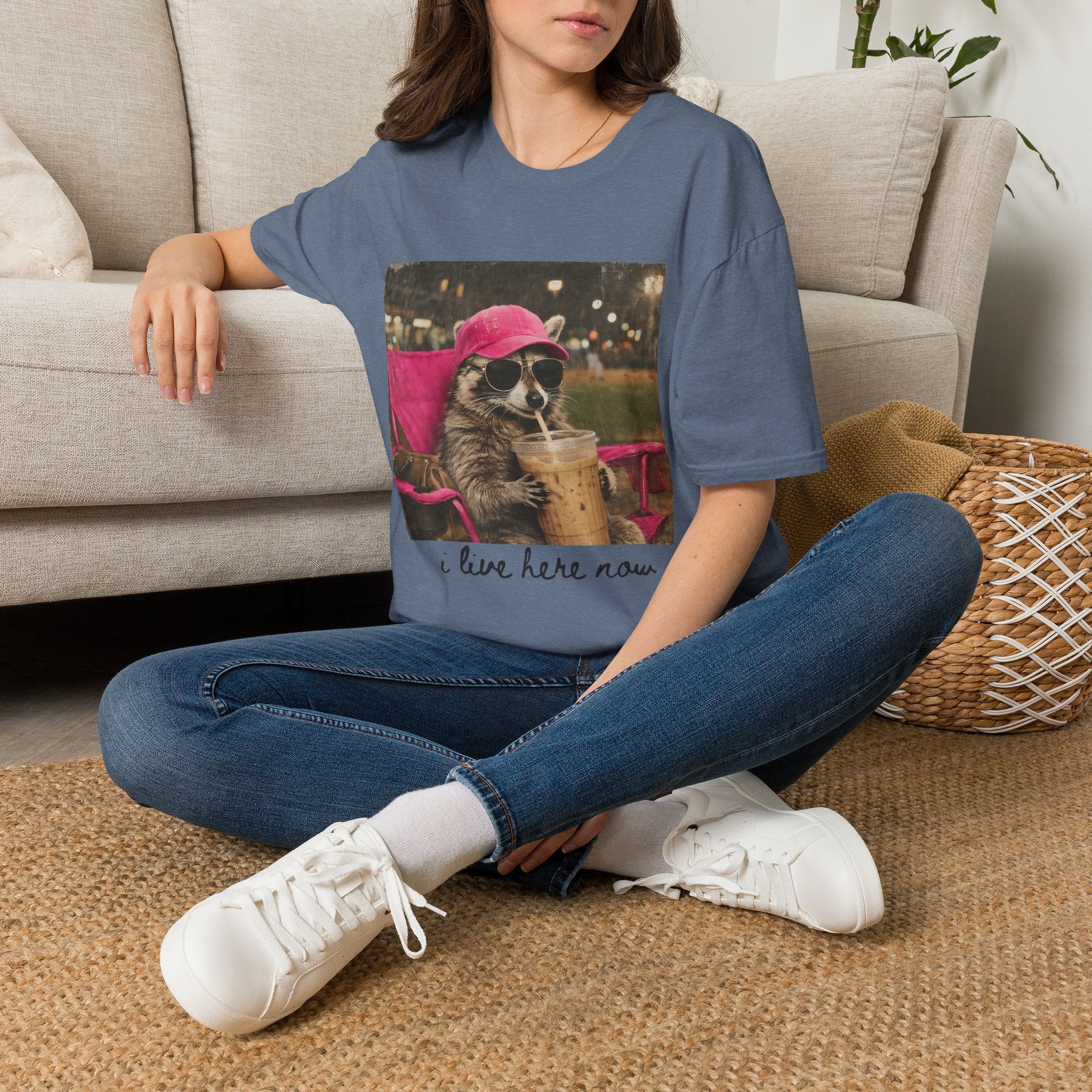 Raccoon Baseball/Softball Relaxing T-Shirt — 'Live Here Now' Retro Vacation Graphic Tee