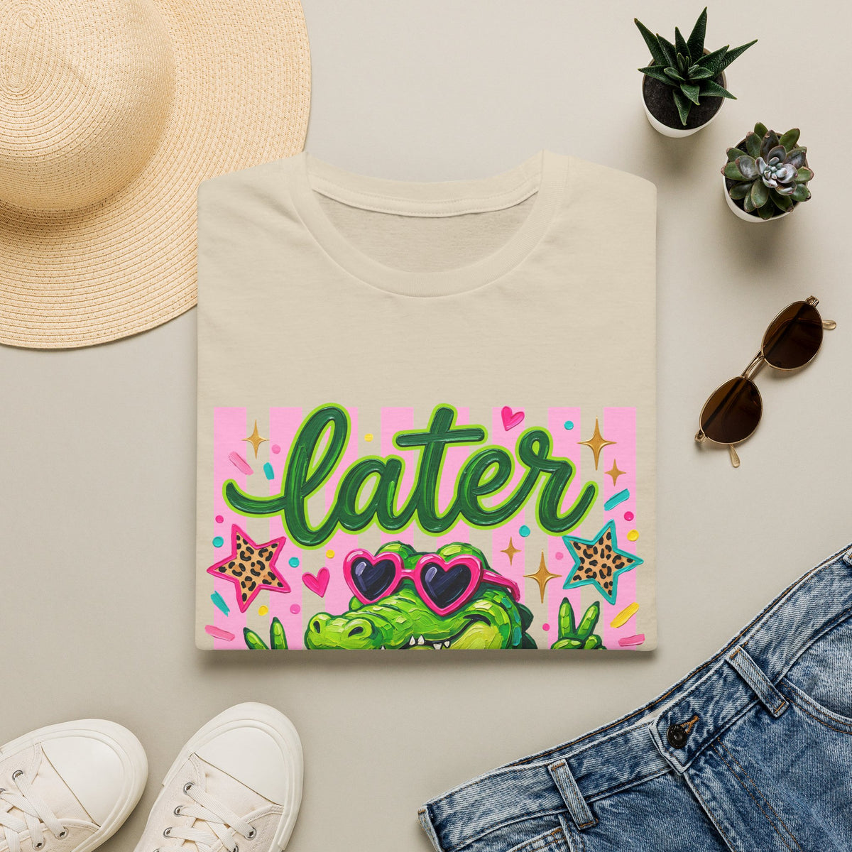 Later Alligator T-Shirt — Cute Retro Croc Graphic Tee with Heart Sunglasses