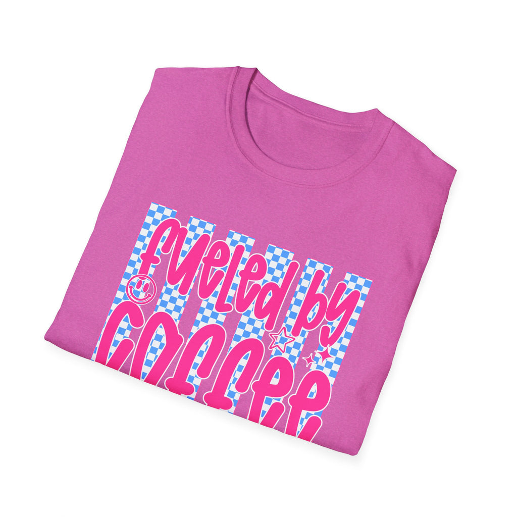 Fueled By Coffee And Anxiety T-Shirt — Retro Pink & Blue Checker Graphic