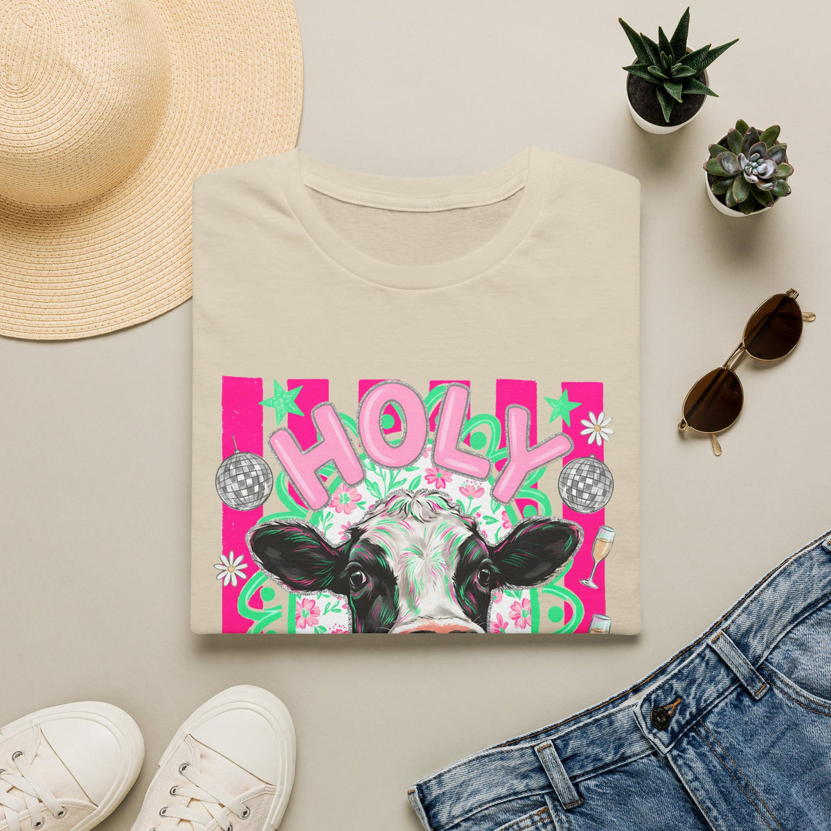 Holly Cow Graphic T-Shirt — Festive Cow Art Tee