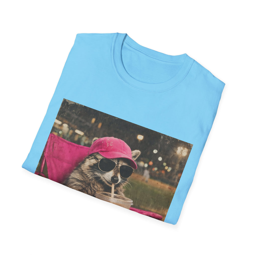 Raccoon Baseball/Softball Relaxing T-Shirt — 'Live Here Now' Retro Vacation Graphic Tee