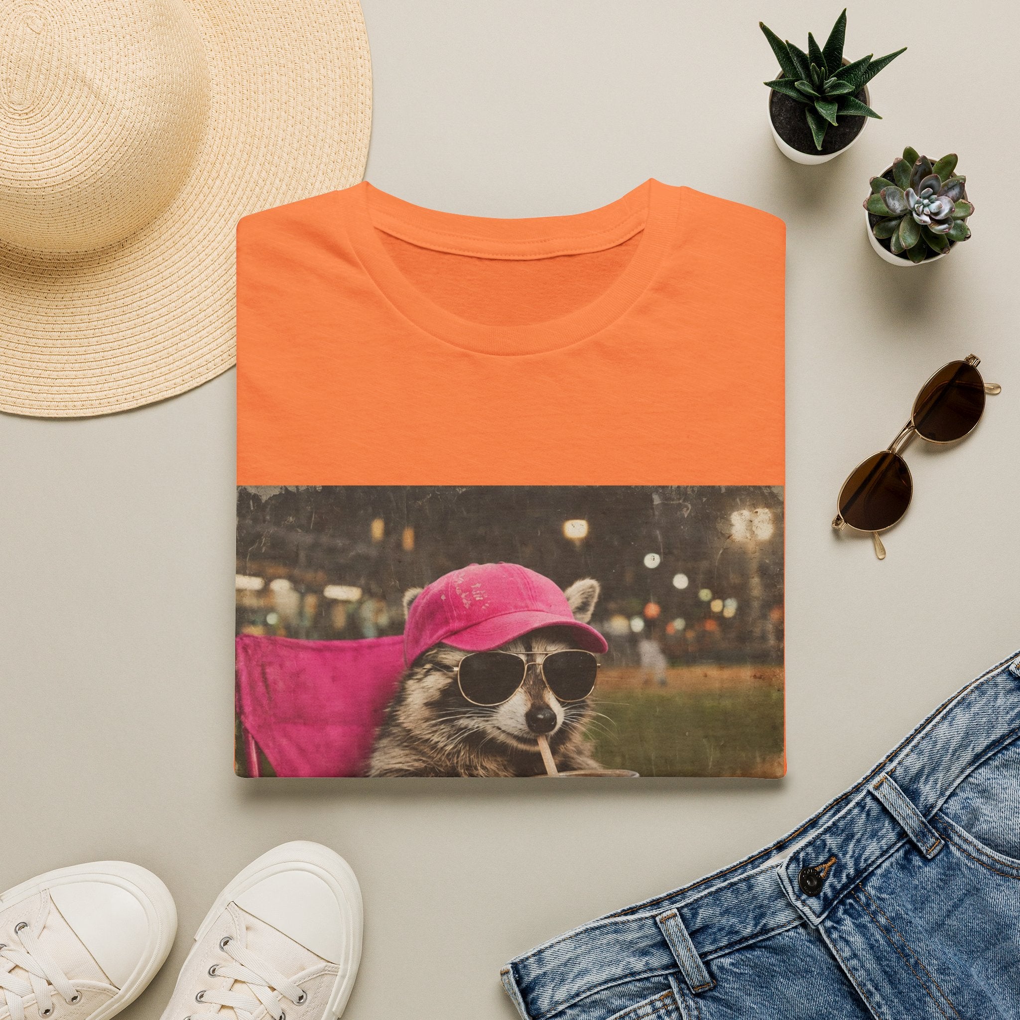 Raccoon Baseball/Softball Relaxing T-Shirt — 'Live Here Now' Retro Vacation Graphic Tee