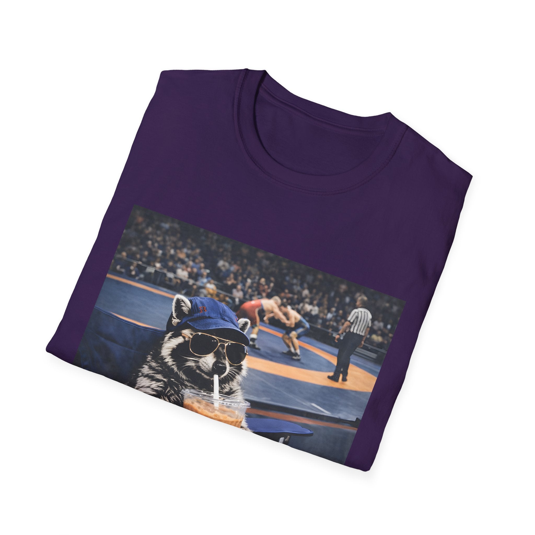 Wrestling Raccoon T‑Shirt — 'I Live Here Now' Funny Sports Tee