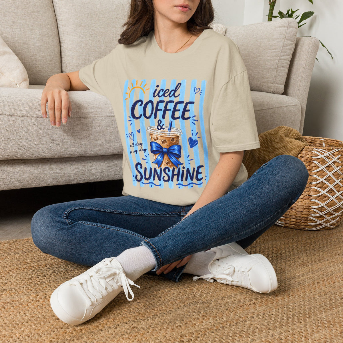 Iced Coffee & Sunshine T-Shirt — Cute Blue Striped Summer Tee
