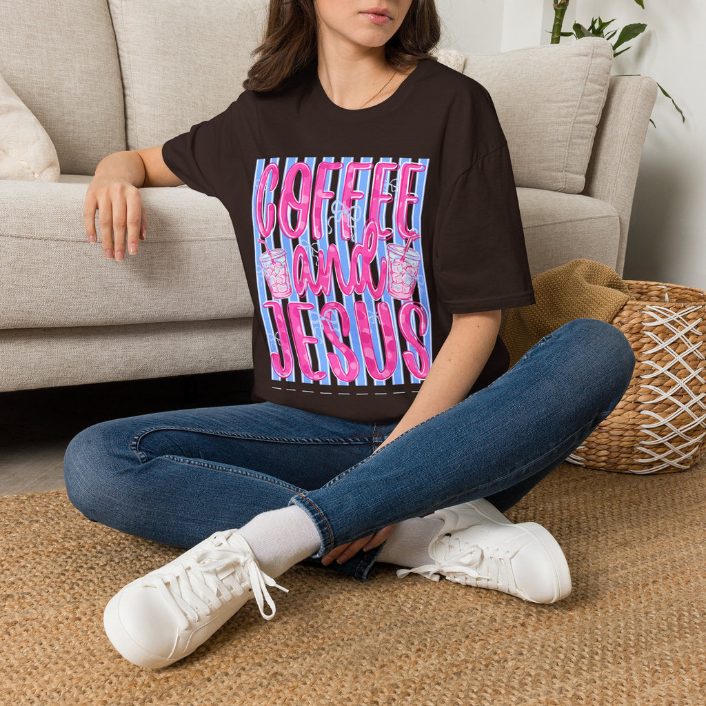 Coffee and Jesus T‑Shirt — Retro Pink & Blue Faith Graphic Tee