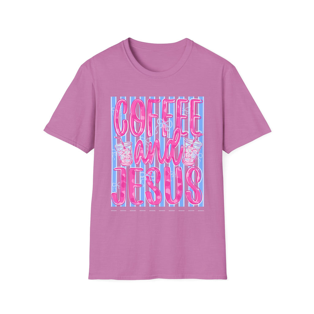 Coffee and Jesus T‑Shirt — Retro Pink & Blue Faith Graphic Tee