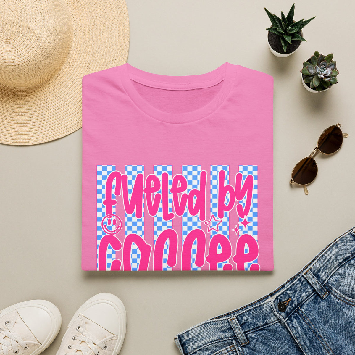 Fueled By Coffee And Anxiety T-Shirt — Retro Pink & Blue Checker Graphic