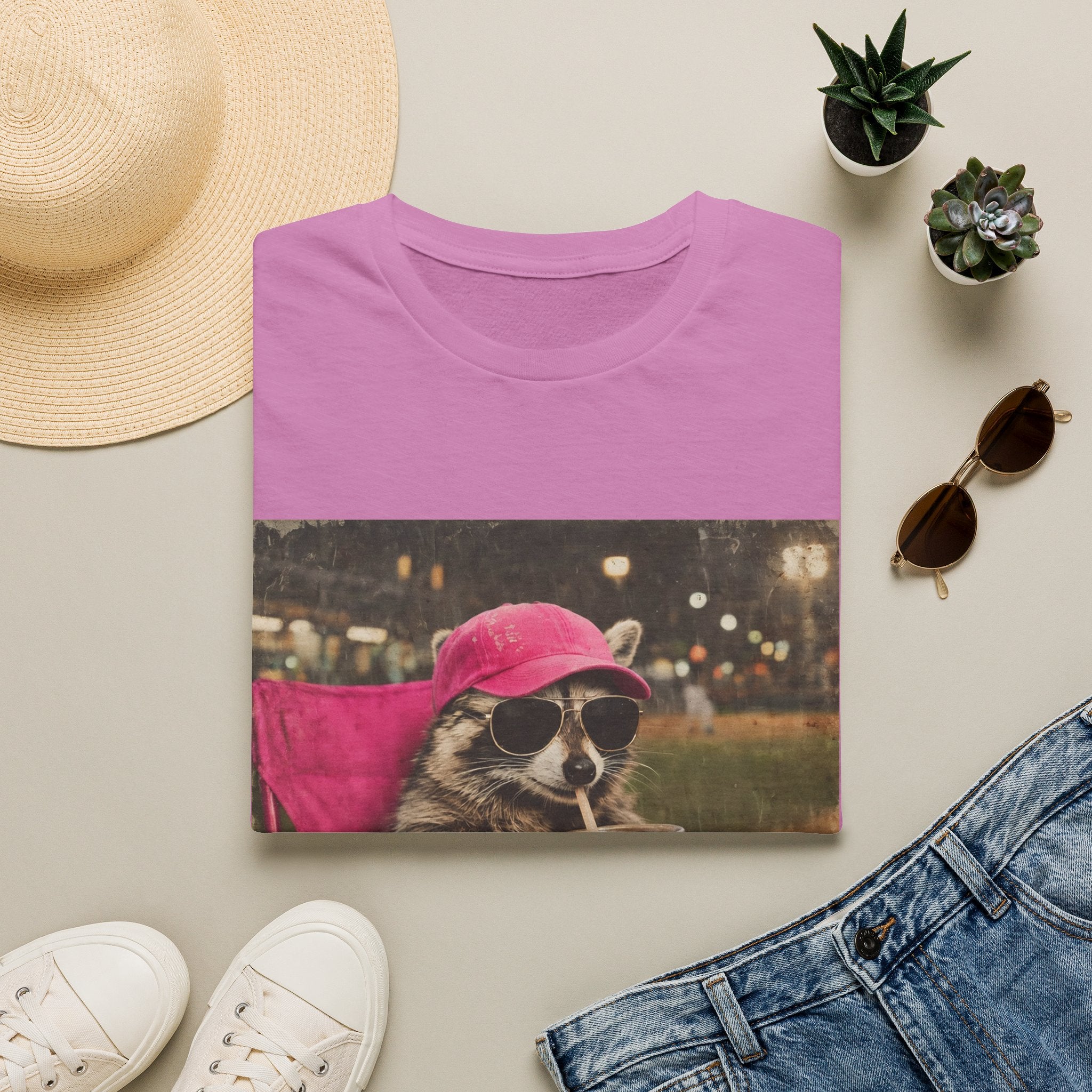 Raccoon Baseball/Softball Relaxing T-Shirt — 'Live Here Now' Retro Vacation Graphic Tee