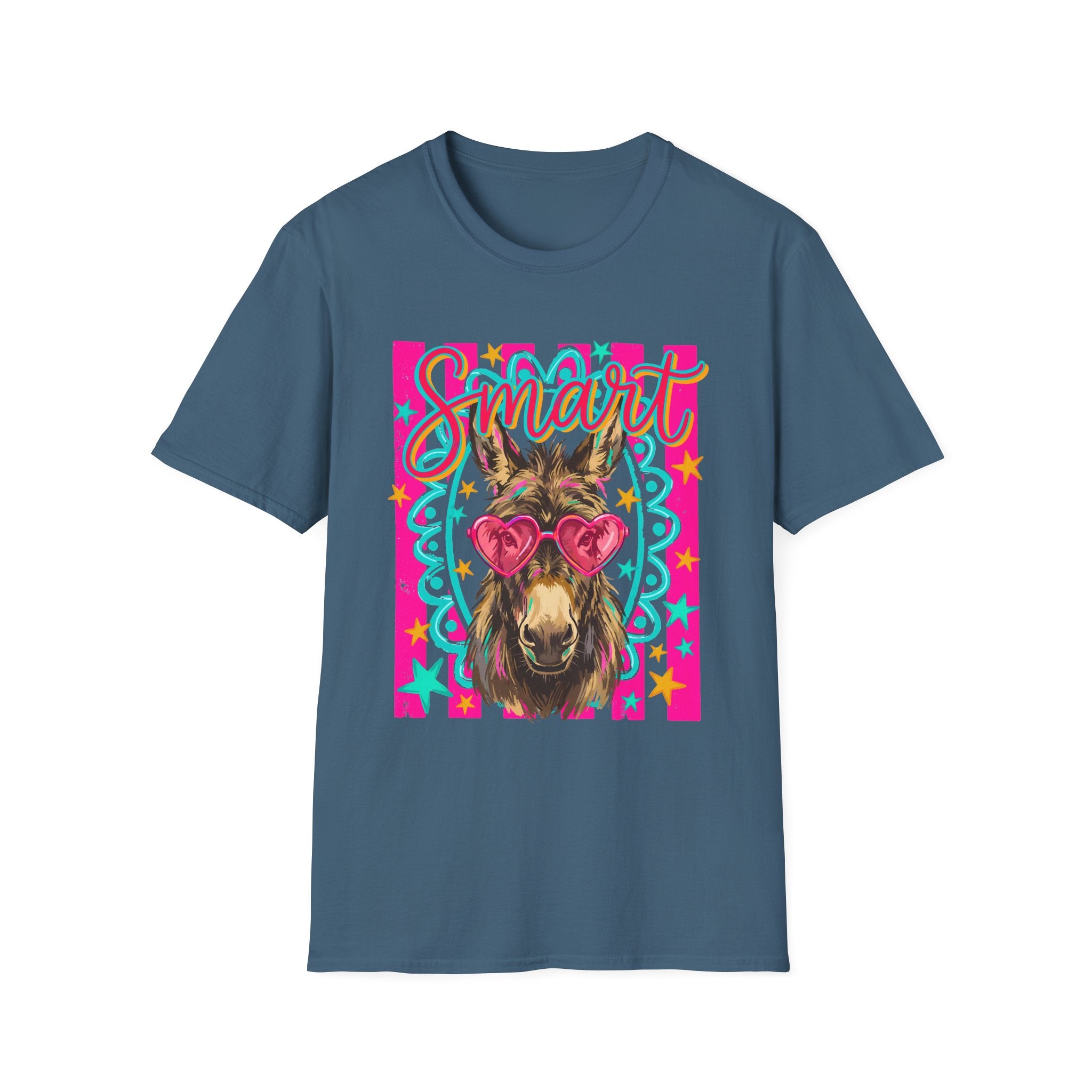 Smart Donkey T-Shirt — Colorful Heart-Sunglasses Graphic Tee for Animal Lovers