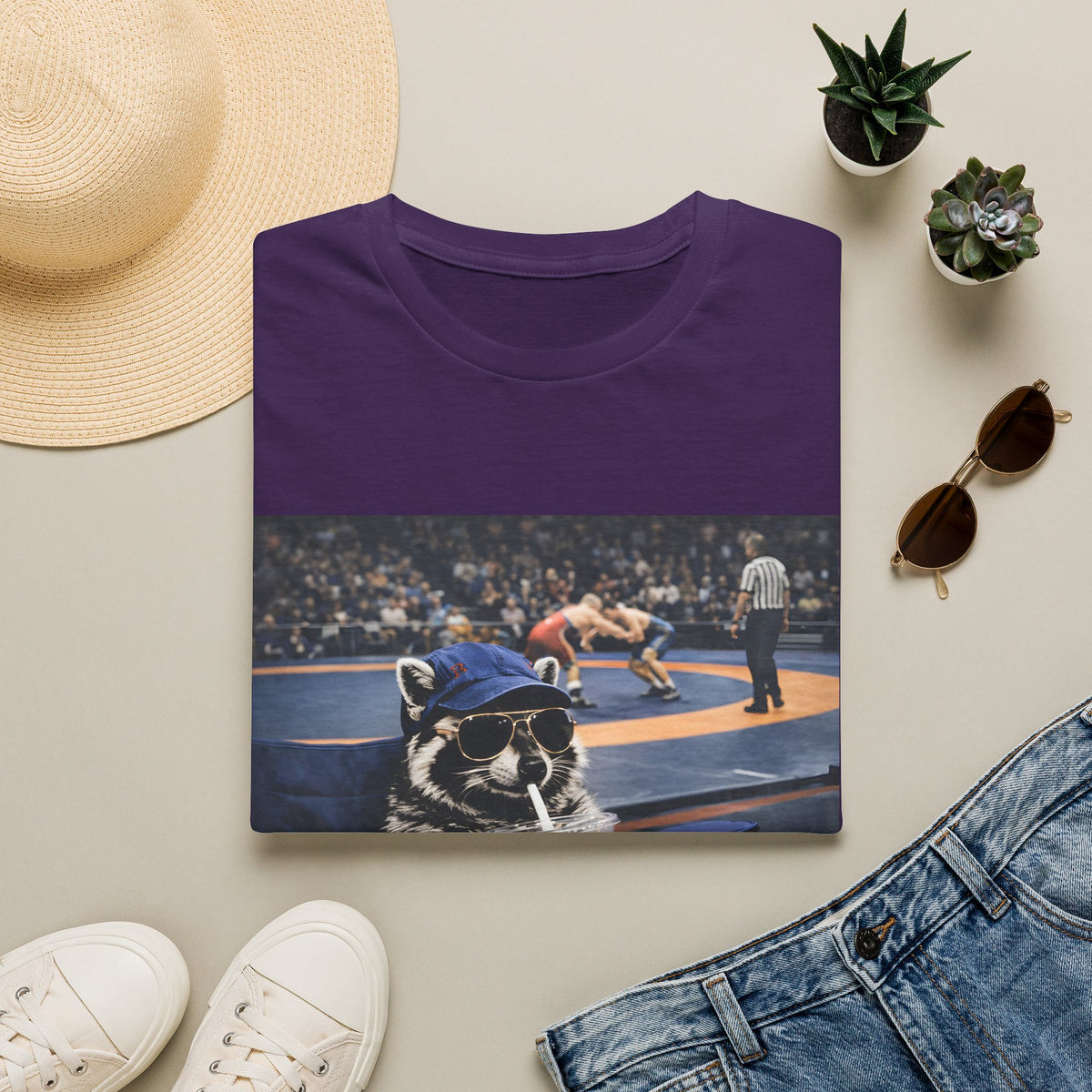 Wrestling Raccoon T‑Shirt — 'I Live Here Now' Funny Sports Tee