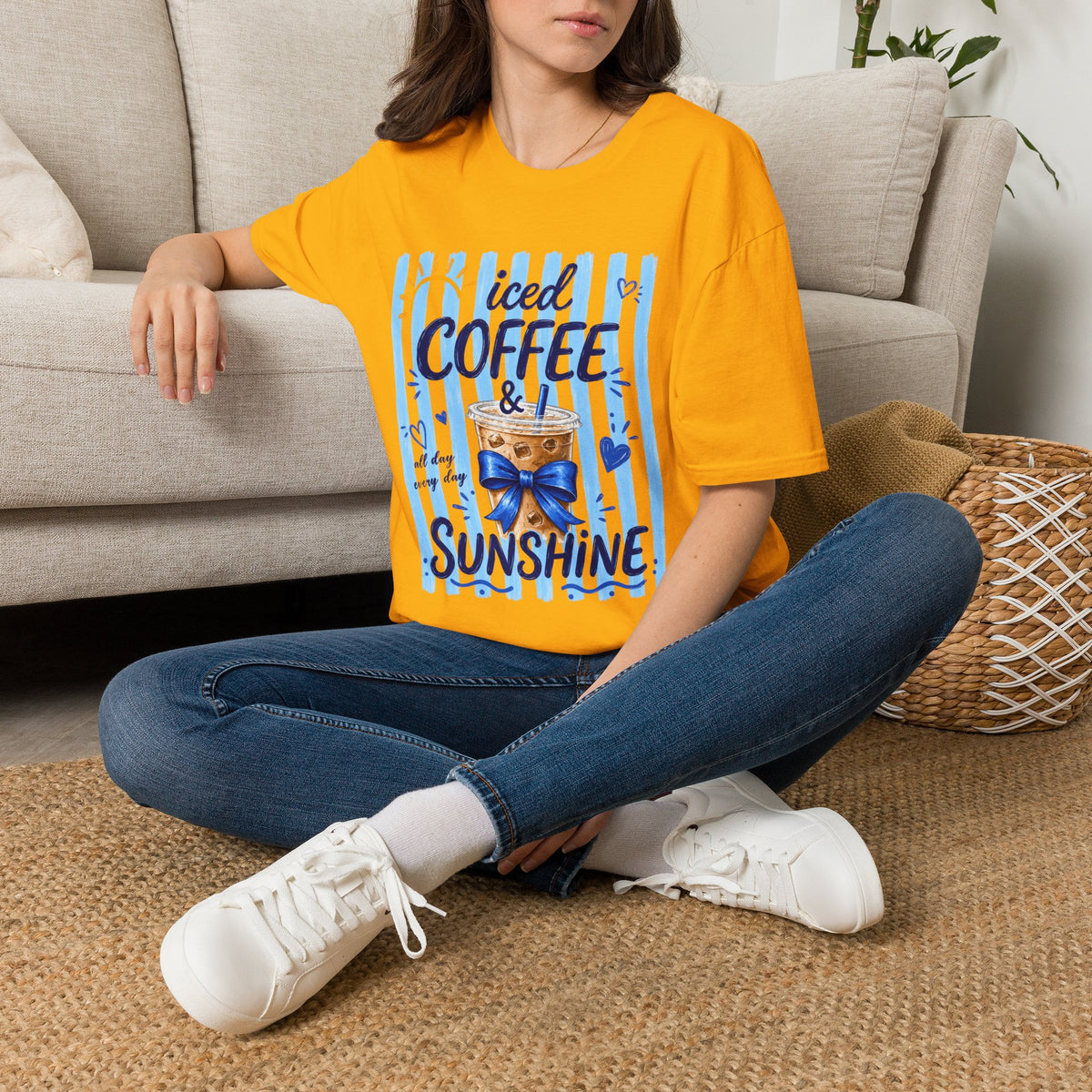 Iced Coffee & Sunshine T-Shirt — Cute Blue Striped Summer Tee