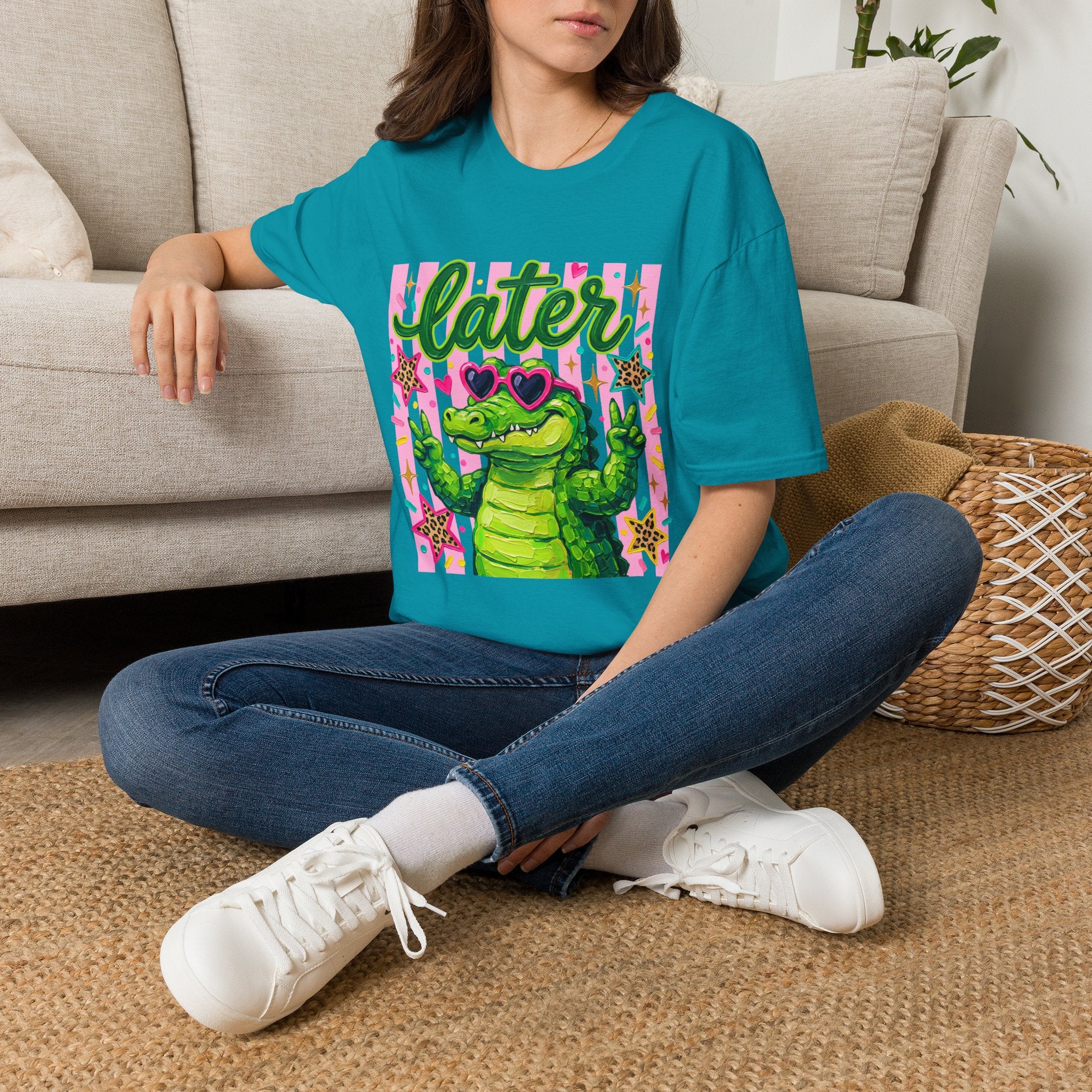 Later Alligator T-Shirt — Cute Retro Croc Graphic Tee with Heart Sunglasses
