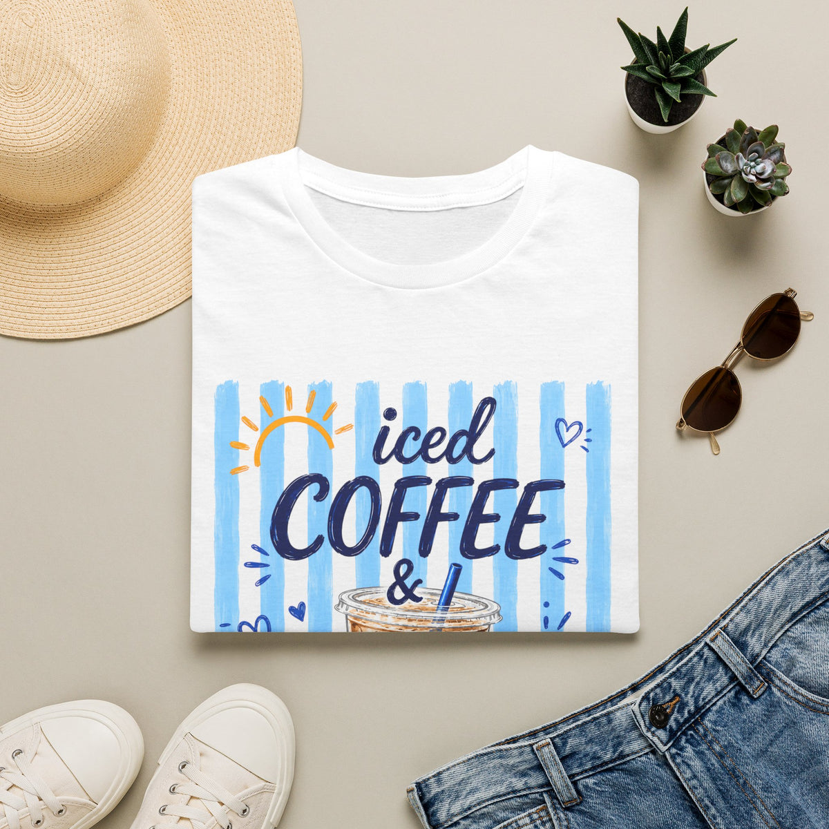 Iced Coffee & Sunshine T-Shirt — Cute Blue Striped Summer Tee