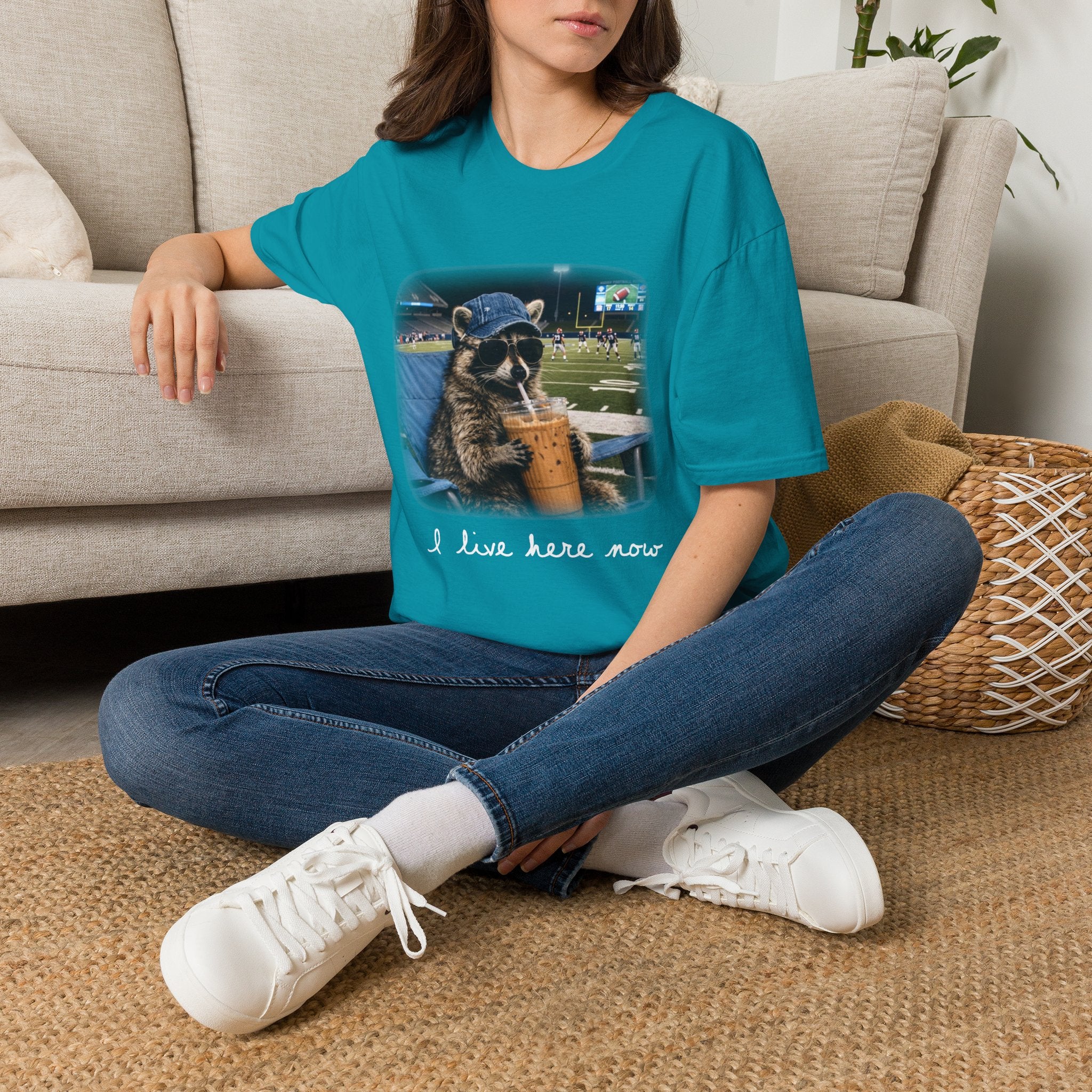 Raccoon Football Stadium Tee – "I Live Here Now" Graphic T-Shirt