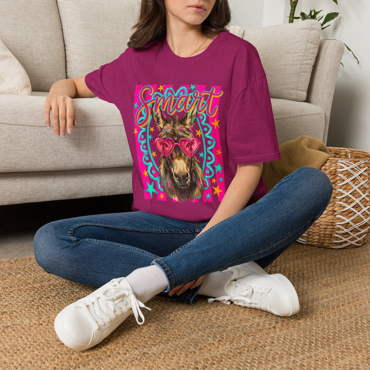 Smart Donkey T-Shirt — Colorful Heart-Sunglasses Graphic Tee for Animal Lovers