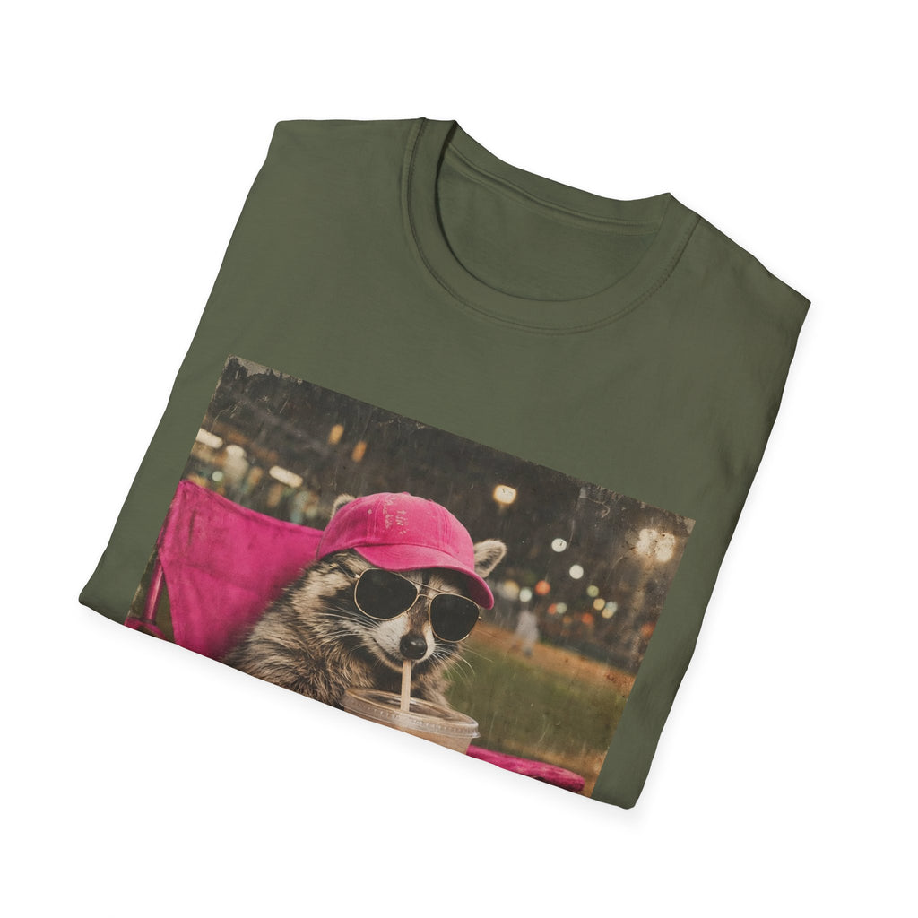 Raccoon Baseball/Softball Relaxing T-Shirt — 'Live Here Now' Retro Vacation Graphic Tee