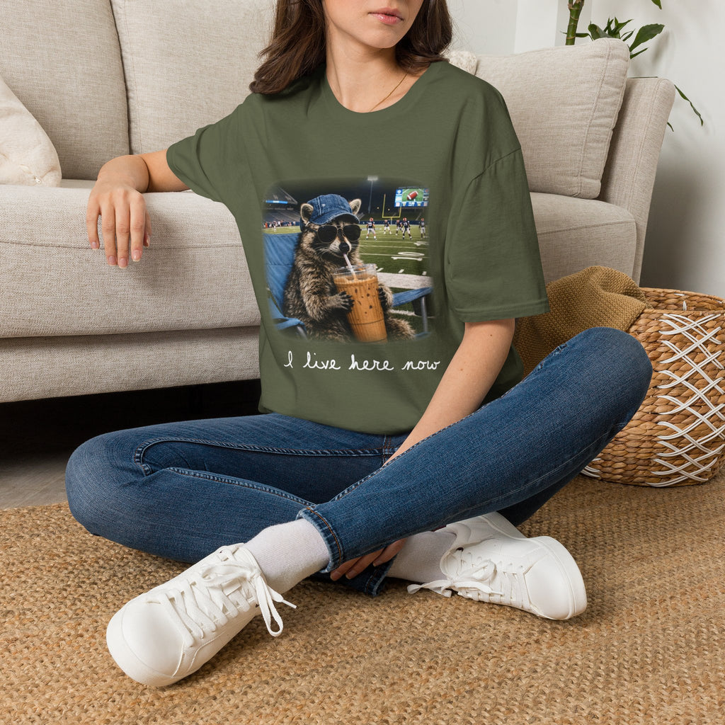 Raccoon Football Stadium Tee – "I Live Here Now" Graphic T-Shirt