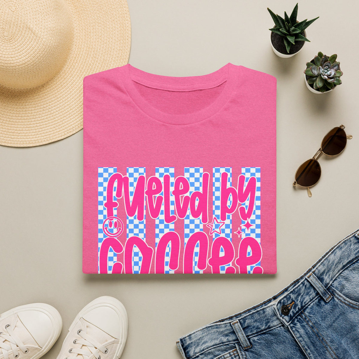 Fueled By Coffee And Anxiety T-Shirt — Retro Pink & Blue Checker Graphic