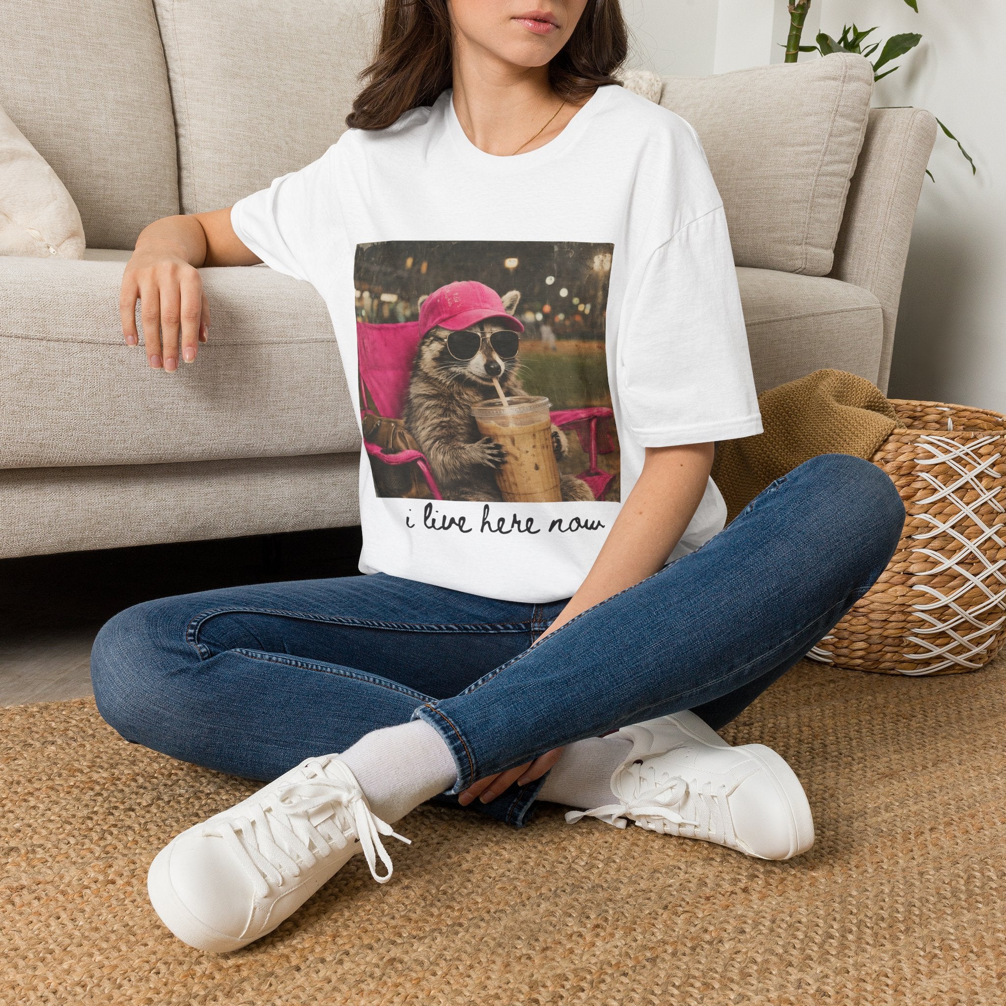 Raccoon Baseball/Softball Relaxing T-Shirt — 'Live Here Now' Retro Vacation Graphic Tee