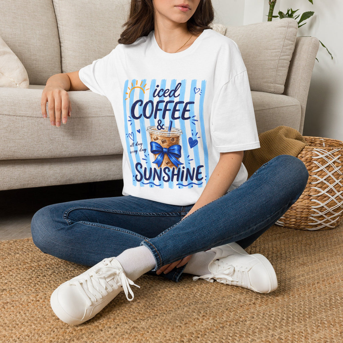 Iced Coffee & Sunshine T-Shirt — Cute Blue Striped Summer Tee