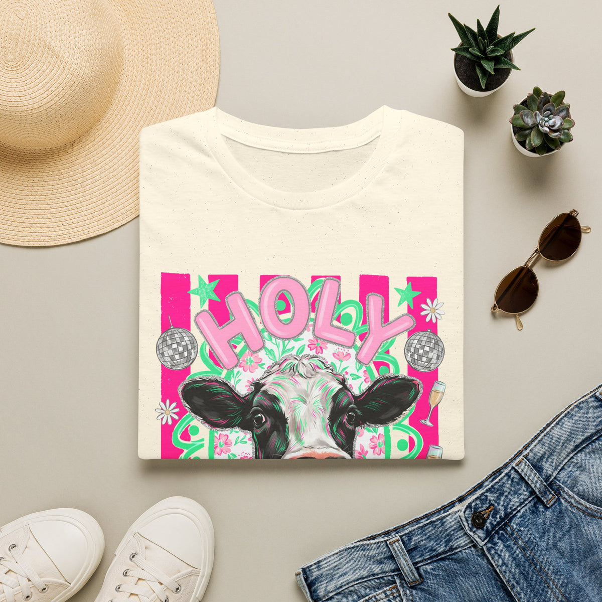 Holly Cow Graphic T-Shirt — Festive Cow Art Tee