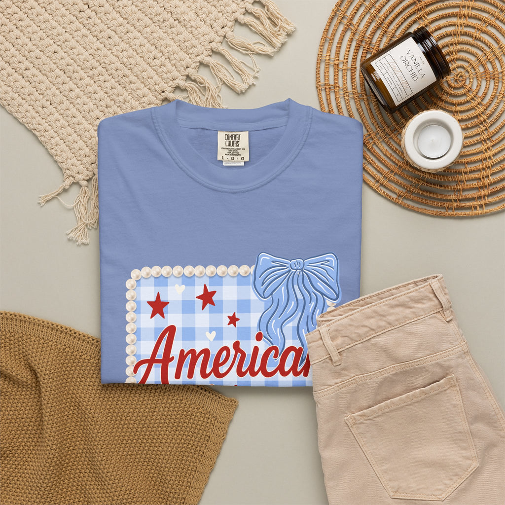 American Honey T-Shirt — Patriotic Gingham Graphic Tee