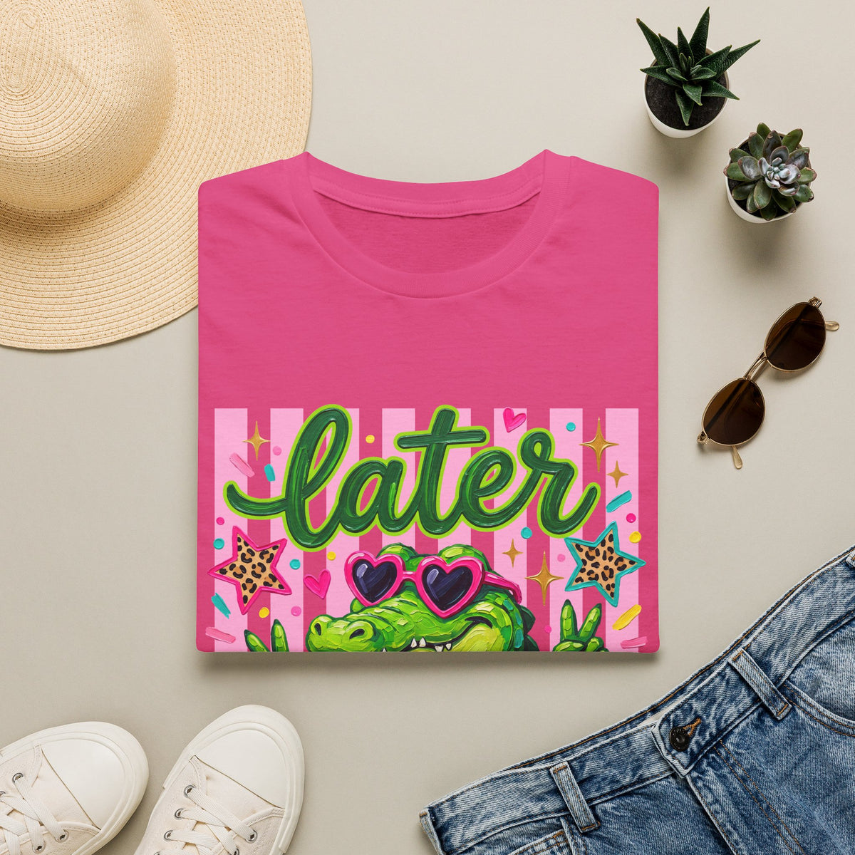 Later Alligator T-Shirt — Cute Retro Croc Graphic Tee with Heart Sunglasses
