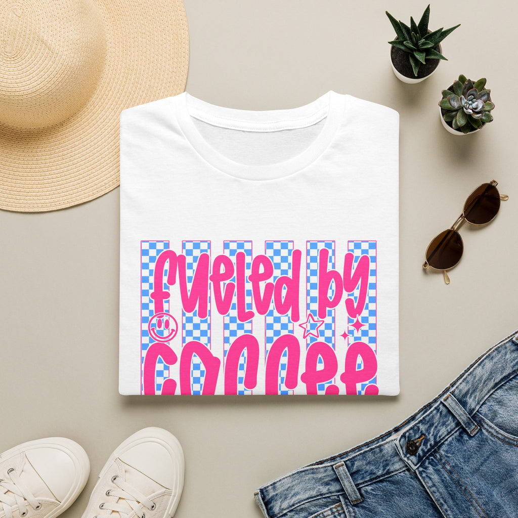 Fueled By Coffee And Anxiety T-Shirt — Retro Pink & Blue Checker Graphic