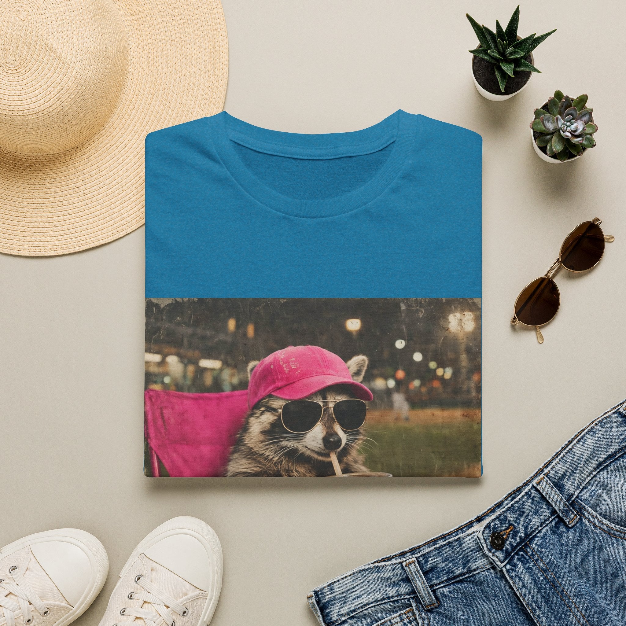 Raccoon Baseball/Softball Relaxing T-Shirt — 'Live Here Now' Retro Vacation Graphic Tee