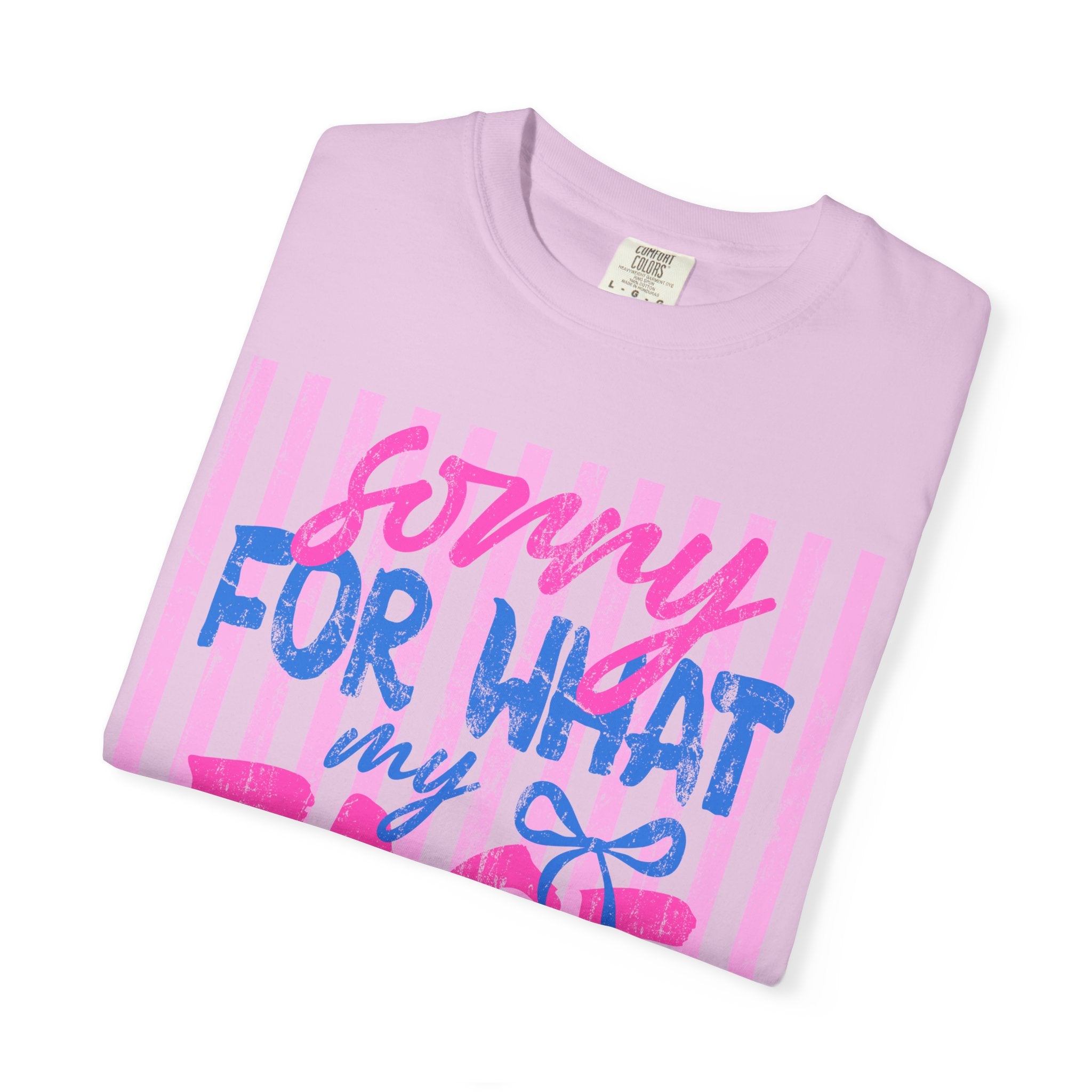 T-Shirt — "Sorry For What My Face Said" Graphic Tee (Pink & Blue Stripes)