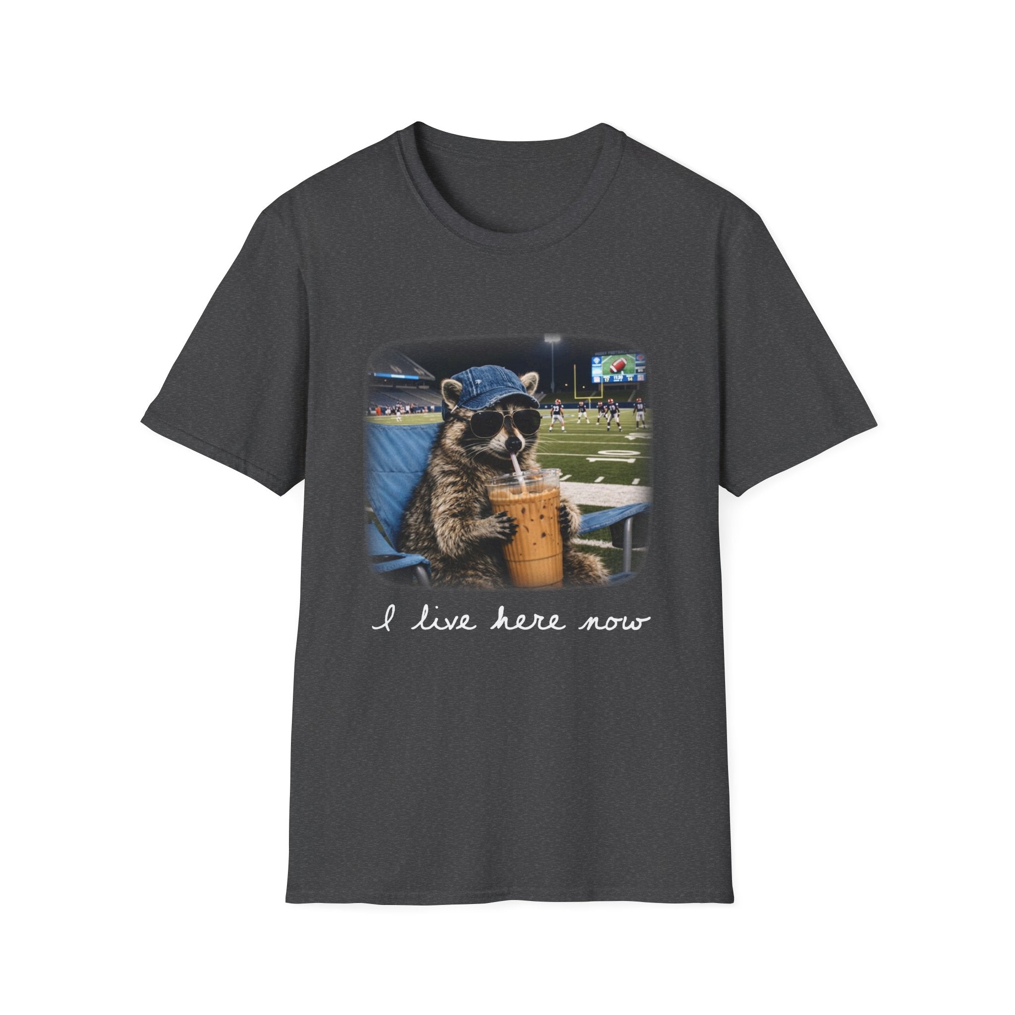 Raccoon Football Stadium Tee – "I Live Here Now" Graphic T-Shirt
