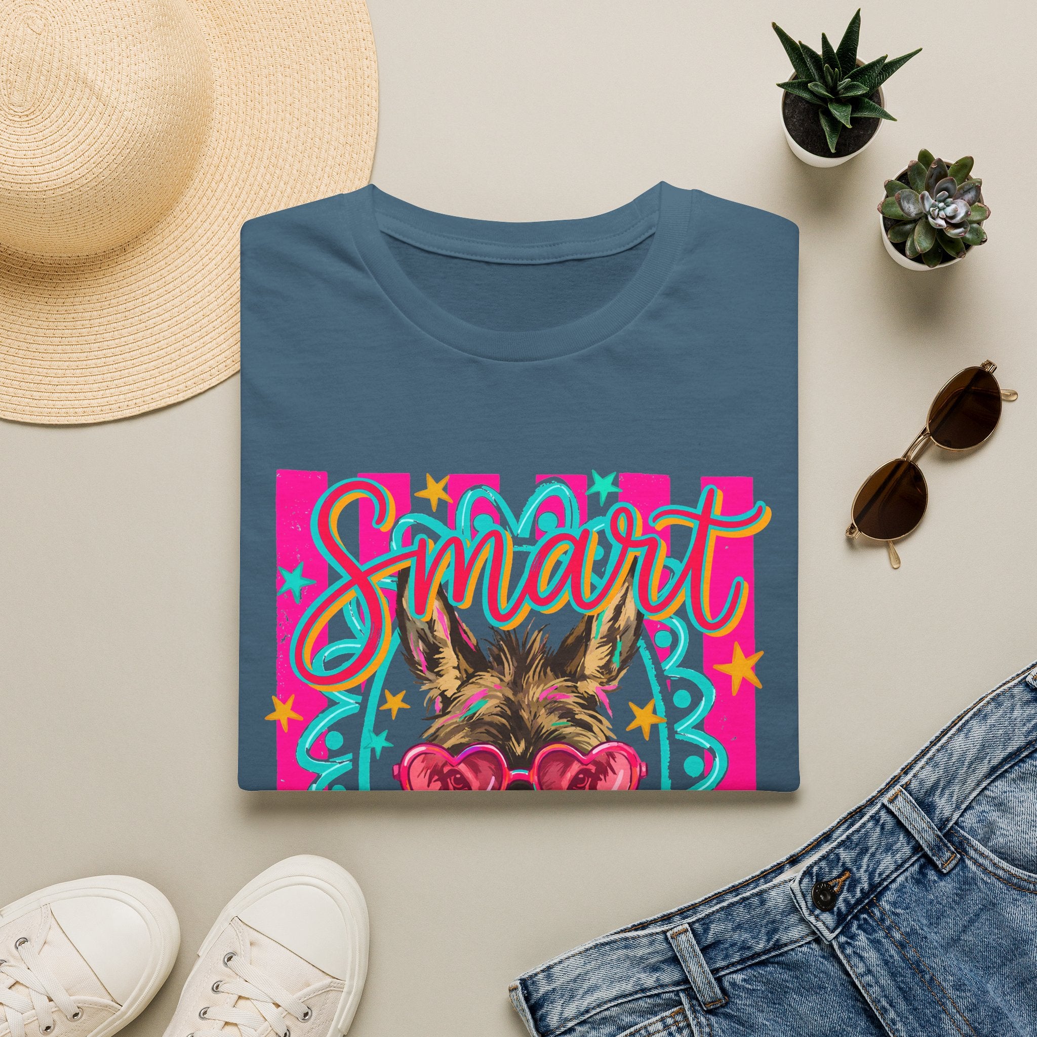Smart Donkey T-Shirt — Colorful Heart-Sunglasses Graphic Tee for Animal Lovers