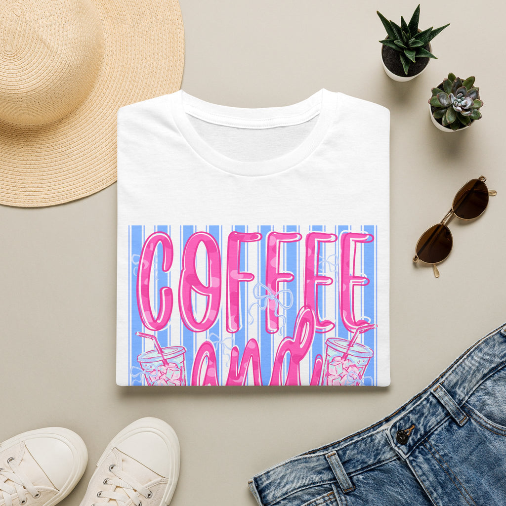 Coffee and Jesus T‑Shirt — Retro Pink & Blue Faith Graphic Tee