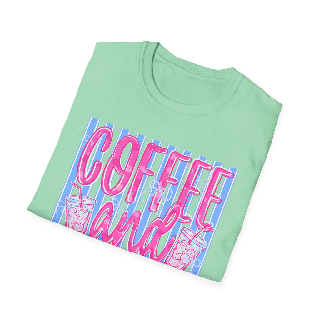Coffee and Jesus T‑Shirt — Retro Pink & Blue Faith Graphic Tee
