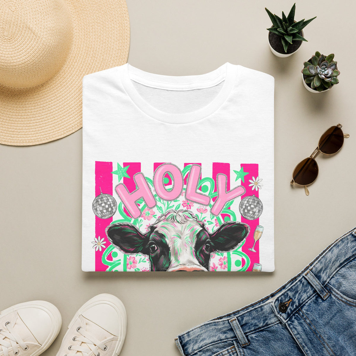 Holly Cow Graphic T-Shirt — Festive Cow Art Tee