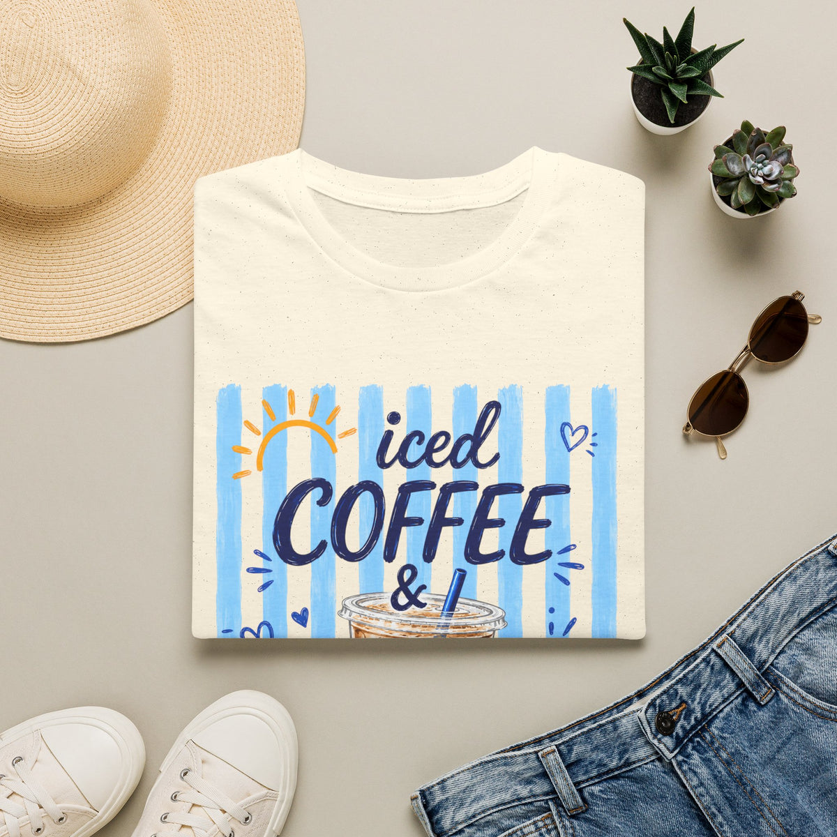 Iced Coffee & Sunshine T-Shirt — Cute Blue Striped Summer Tee