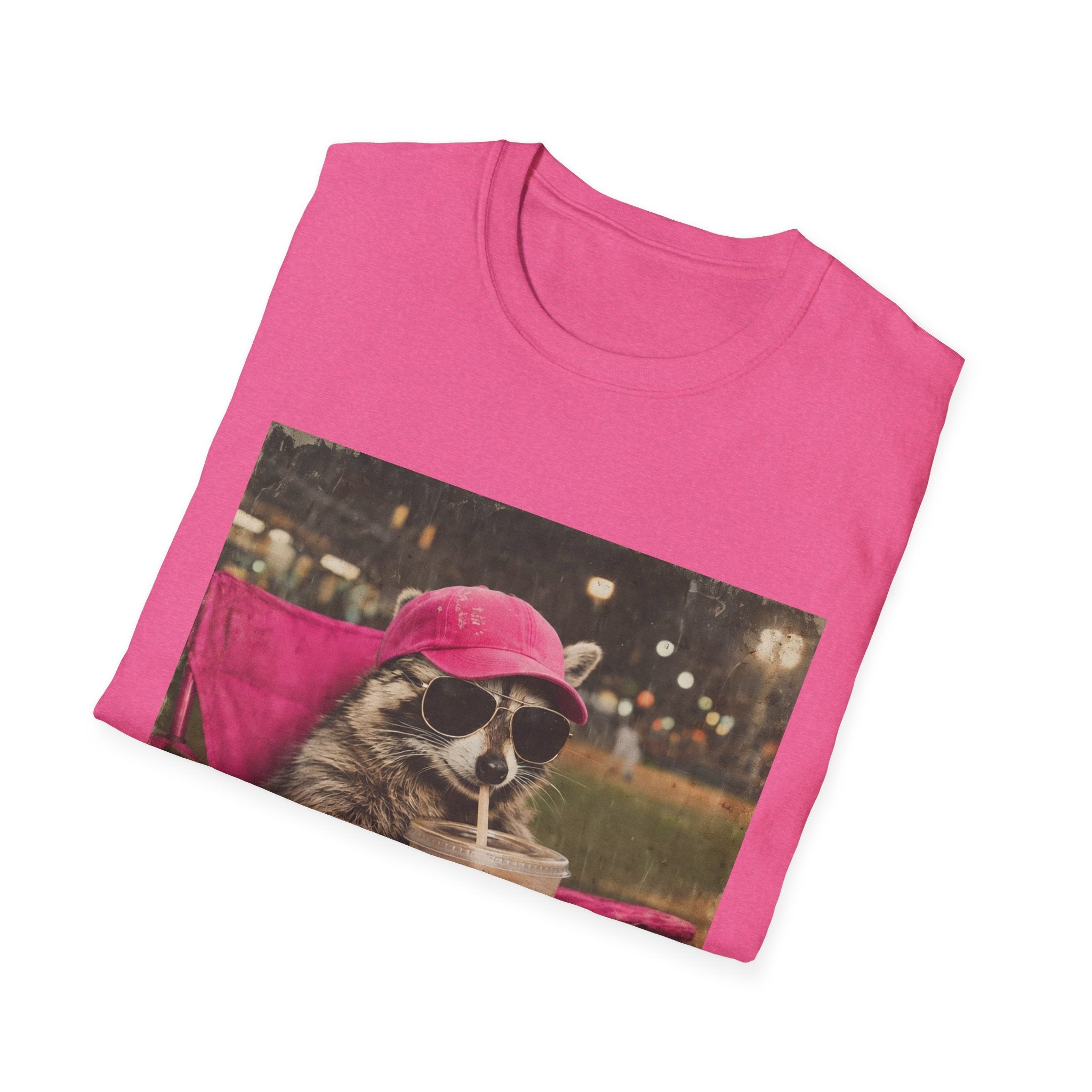 Raccoon Baseball/Softball Relaxing T-Shirt — 'Live Here Now' Retro Vacation Graphic Tee