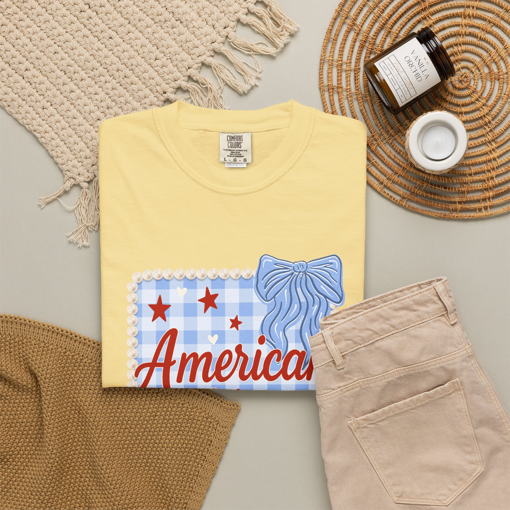 American Honey T-Shirt — Patriotic Gingham Graphic Tee