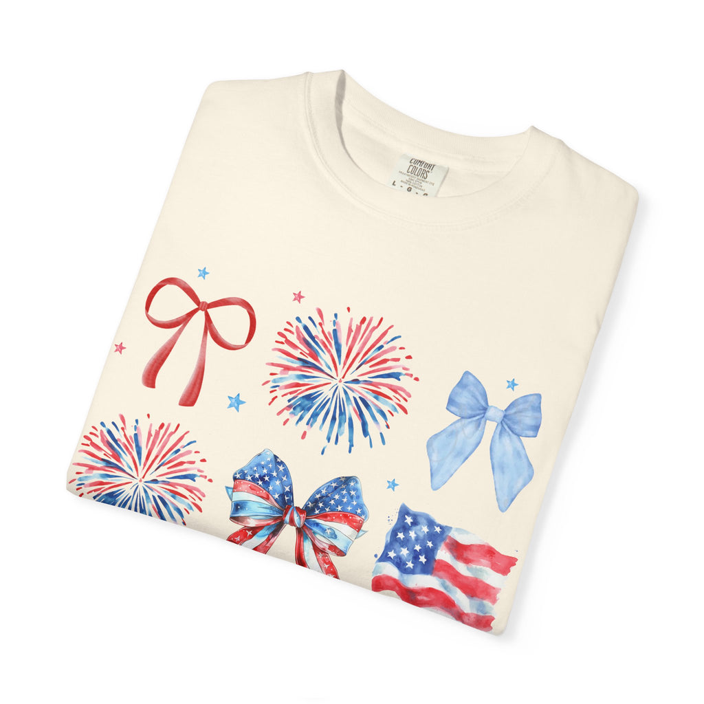 Patriotic Bows & Fireworks T-Shirt — American Flag Fourth of July Tee