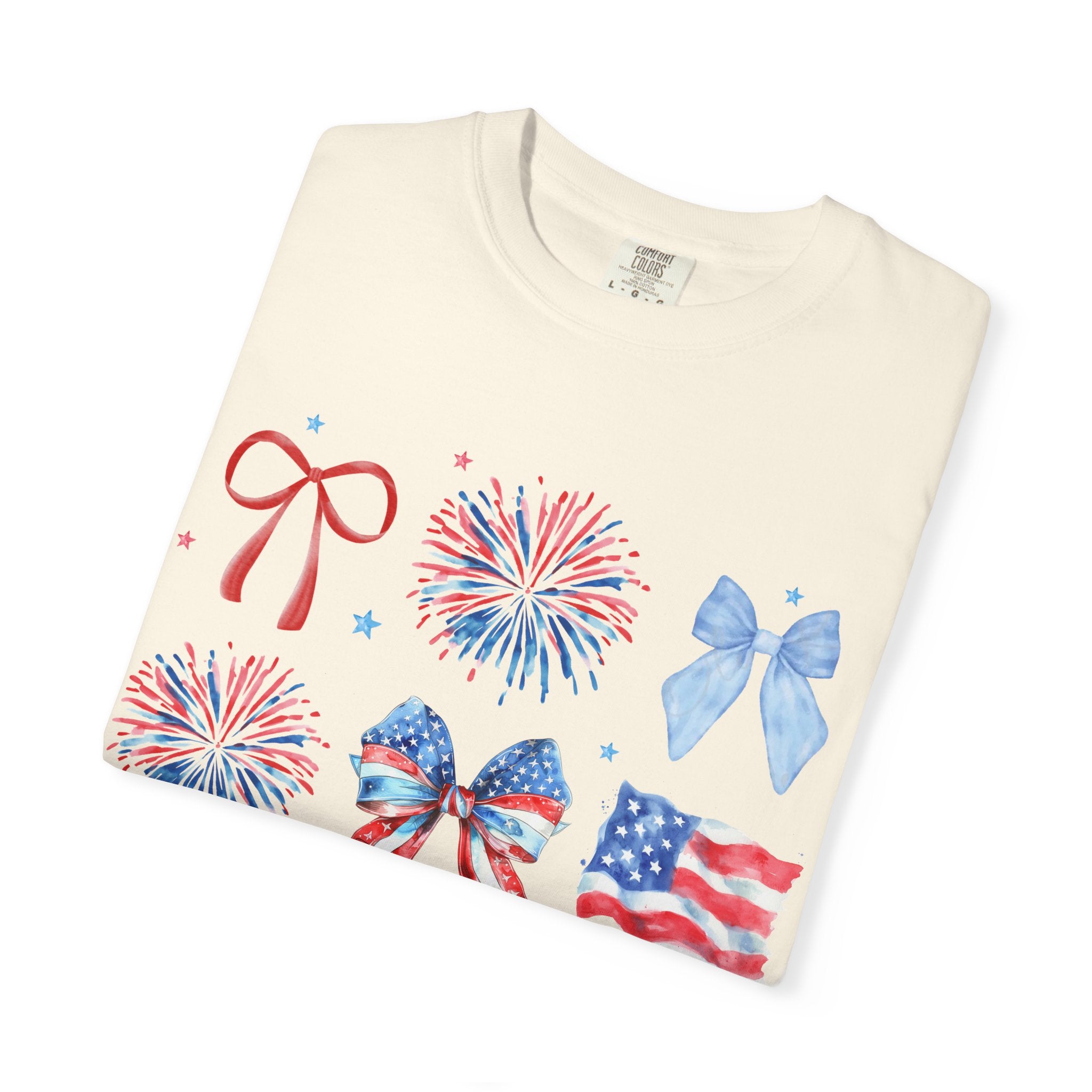 Patriotic Bows & Fireworks T-Shirt — American Flag Fourth of July Tee