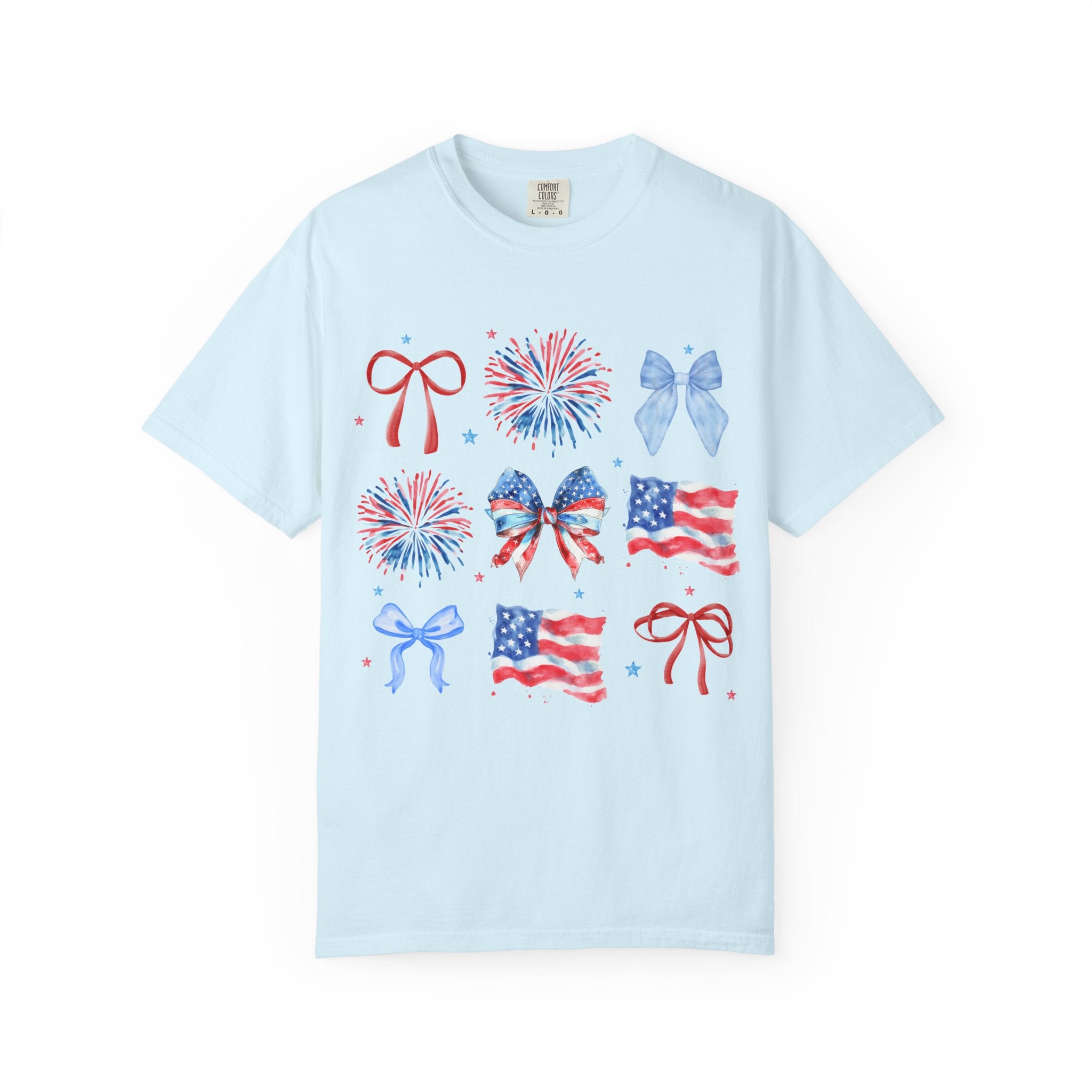 Patriotic Bows & Fireworks T-Shirt — American Flag Fourth of July Tee